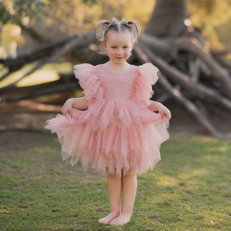 

Bithday Dress Vestidos Dress for Girls Round Collar Backless Ruffles Lace Flare Sleeves Layered Princess Party Dresses Wedding