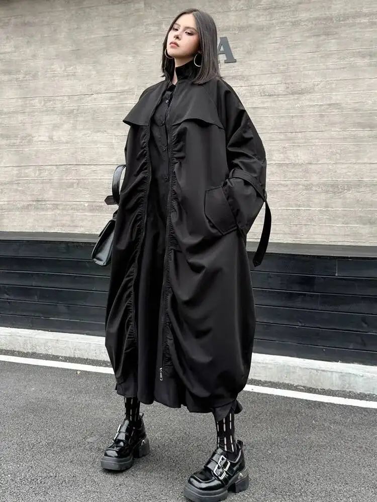

Women Black Pleated Zipper Big Size Long Trench New Stand Collar Long Sleeve Windbreaker Fashion Spring Autumn