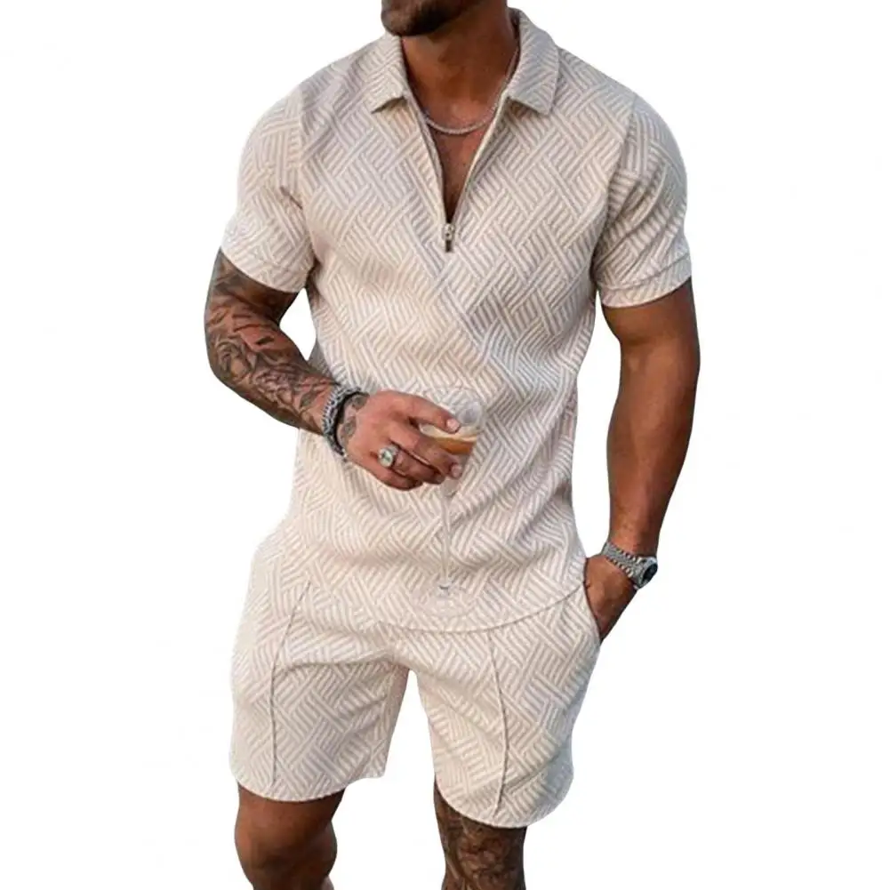 2Pcs/Set Men Casual Outfit Lapel Zipper Neckline Short Sleeve Shirt Elastic Waist Pockets Shorts Set Outdoor Tracksuit