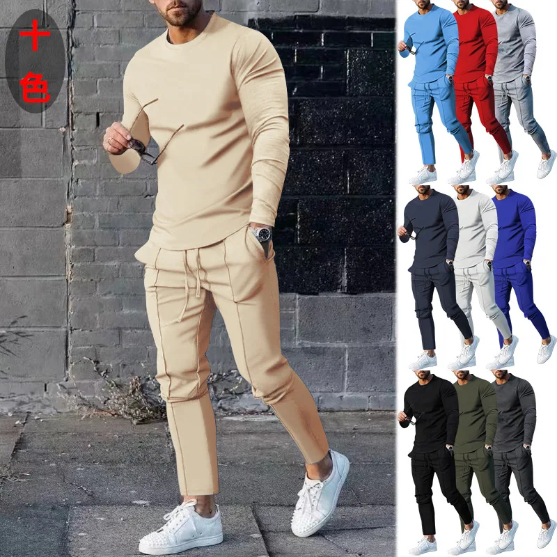 2024 spring two-piece set crew neck long-sleeved t-shirt trousers solid color casual men\'s suit