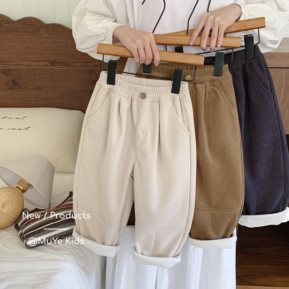 

2025 Winter Teenager Boys Corduroy Pant Thick Warm Korean Style Kids Baby Boys Trouser Solid Color Children 1-8Y Boy Casual Pant
