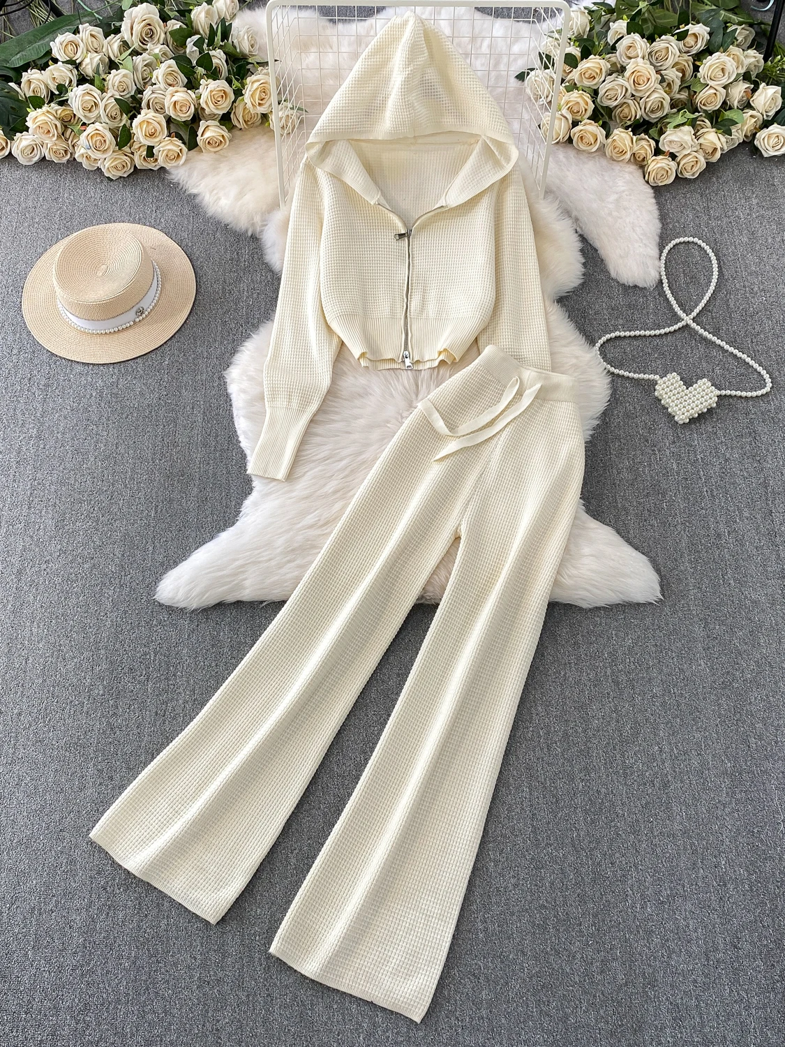 

Women's Casual Sportswear Set Spring Autumn Loose Zipper Hooded Knitted Jacket Two Piece Set Elastic High Waist Wide Leg Pants