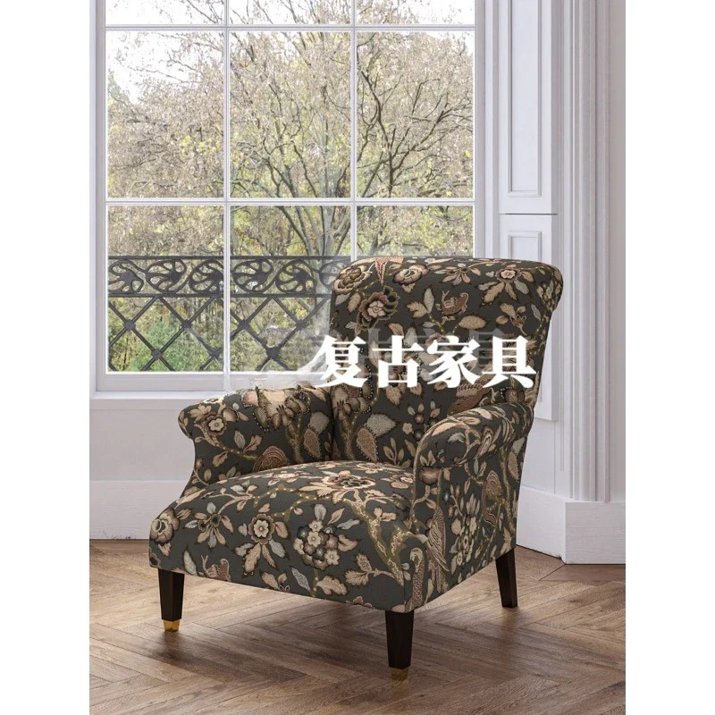 French country solid wood single sofa printed sofa chair master bedroom fabric leisure chair small apartment balcony book chair