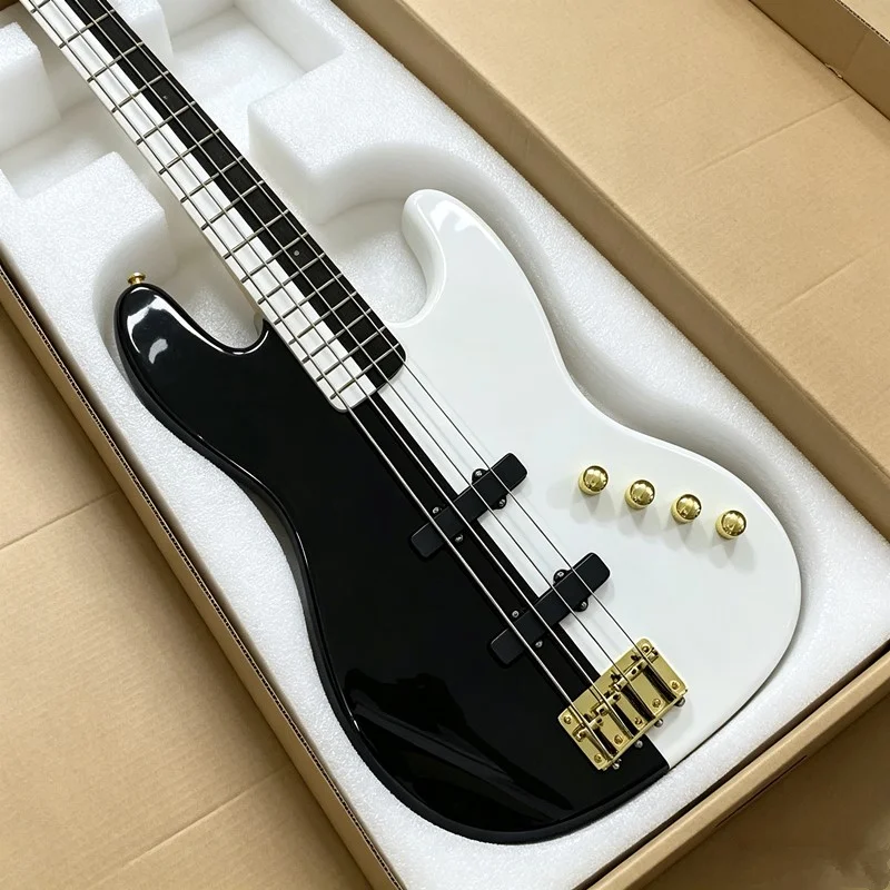 Vicers 4 String Electric Bass Guitar Black White Two-tone Finish Basswood Body Gold Hardware 20 Frets Rosewood Fingerboard Solid Body Bass for Beginners and Professionals Performance
