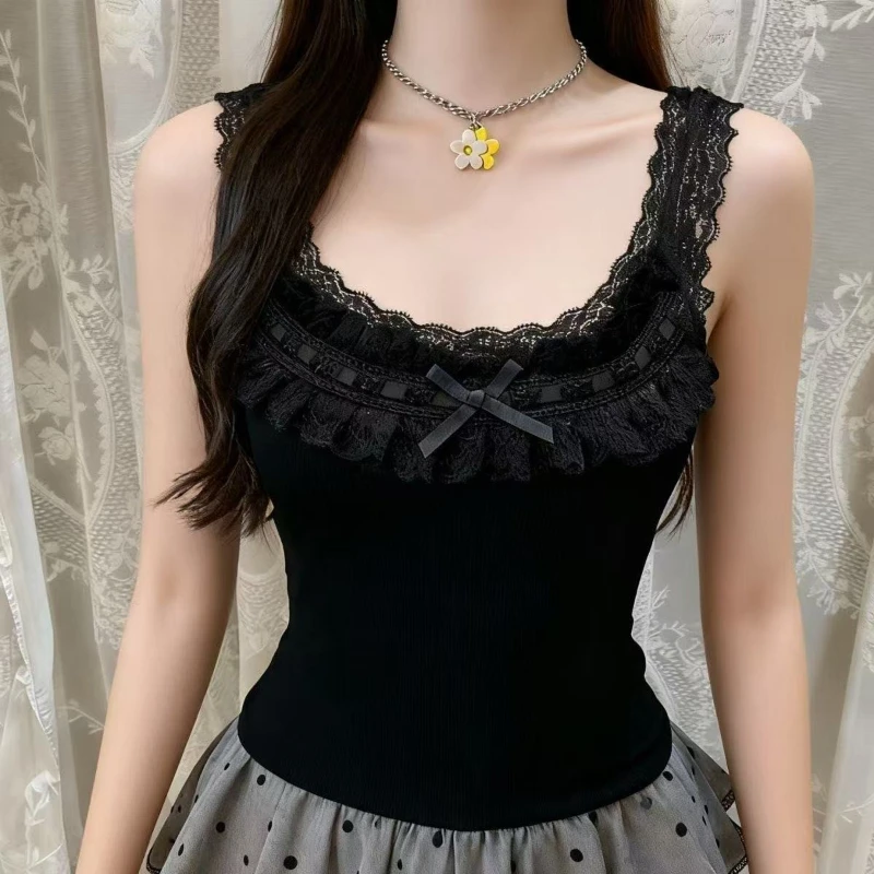 

Новая черная кружевная облегающая майка-топ в американском стиле, винтажный жилет больших размеров с бантом, повседневный топ-майка для женщин