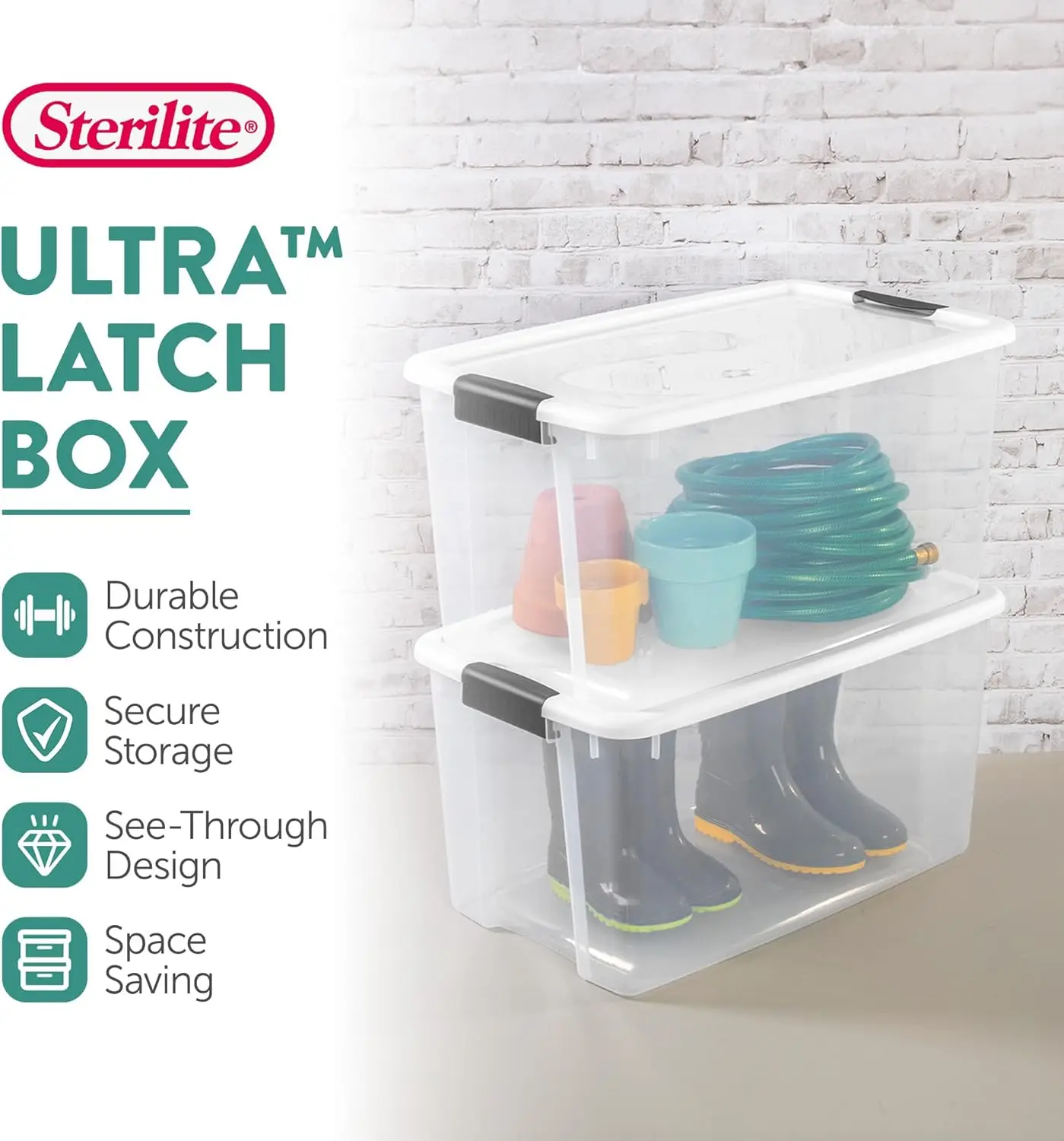 70 Qt Ultra Latch Box, Stackable Storage Bin with Latching Lid,Sport Gear in Basement,Clear with White Lid, 20-Pack