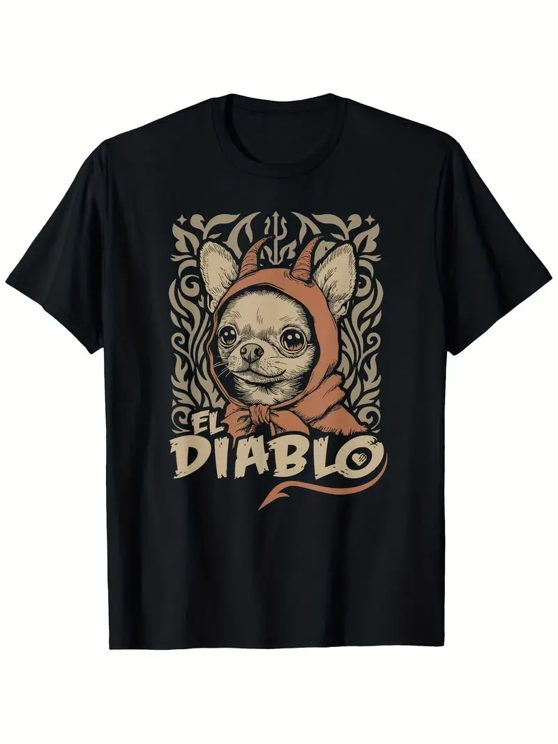Men's Funny Chihuahua El Diablo Vintage Devil Dog T-Shirt - Heavyweight 180gsm Cotton Tee with Red Hoodie Devil Graphic - Soft Breathable Crew Neck Shirt for Halloween, Pet Lovers Gift - Sizes S-XXXL (Black) - Unisex Fit Casual Everyday & Costume Apparel
