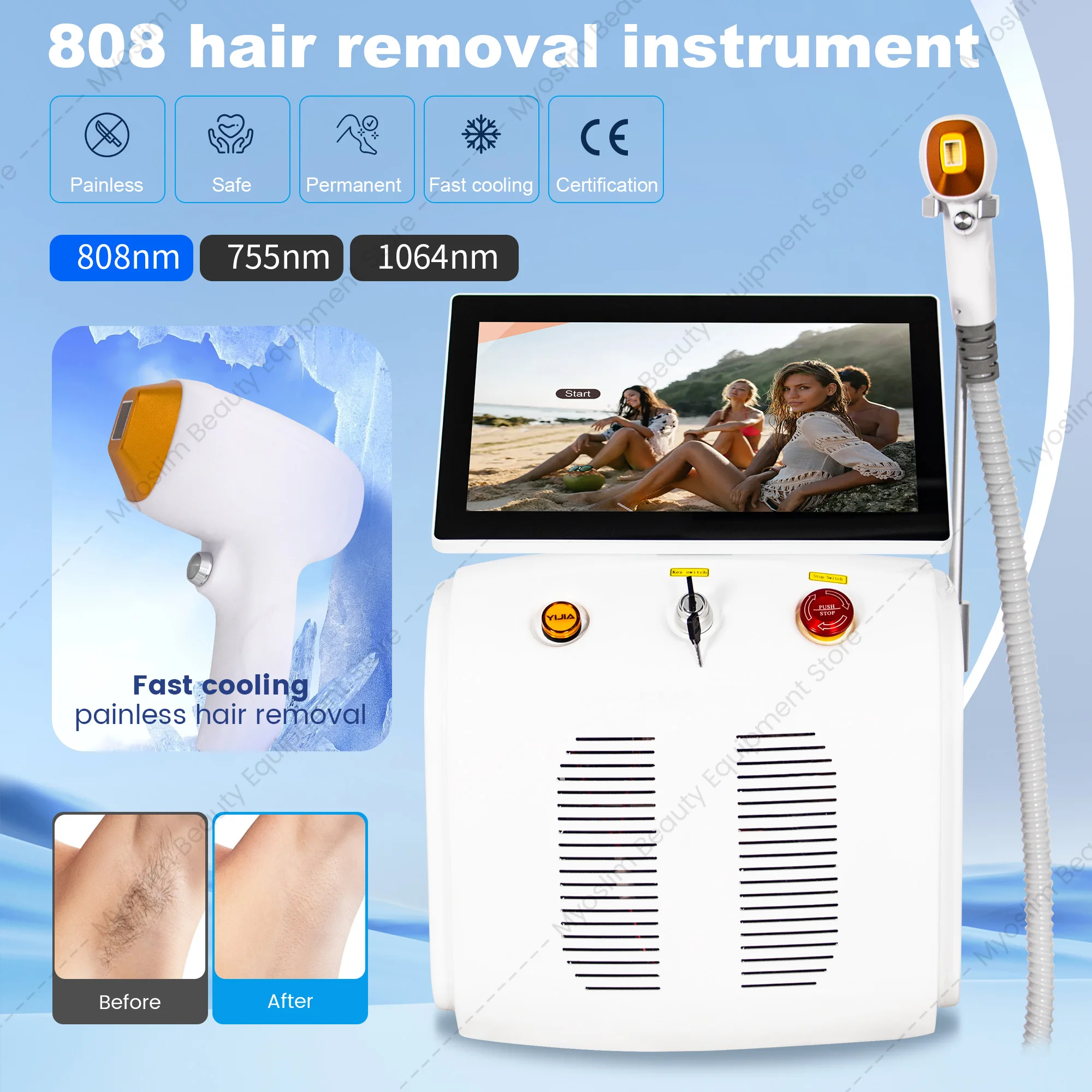 3-Wavelength Diode Hair Removal Machine 808nm Painless Permanent for Salon Or Home Use with 755/808/1064nm Freezing Point