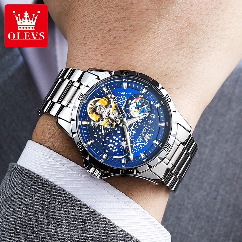 OLEVS 6689 문 페이즈 남성용 시계, 럭셔리 별이 빛나는 하늘 HD 발광 방수 시계, 브랜드 트렌드 전자동 기계식 남자 시계