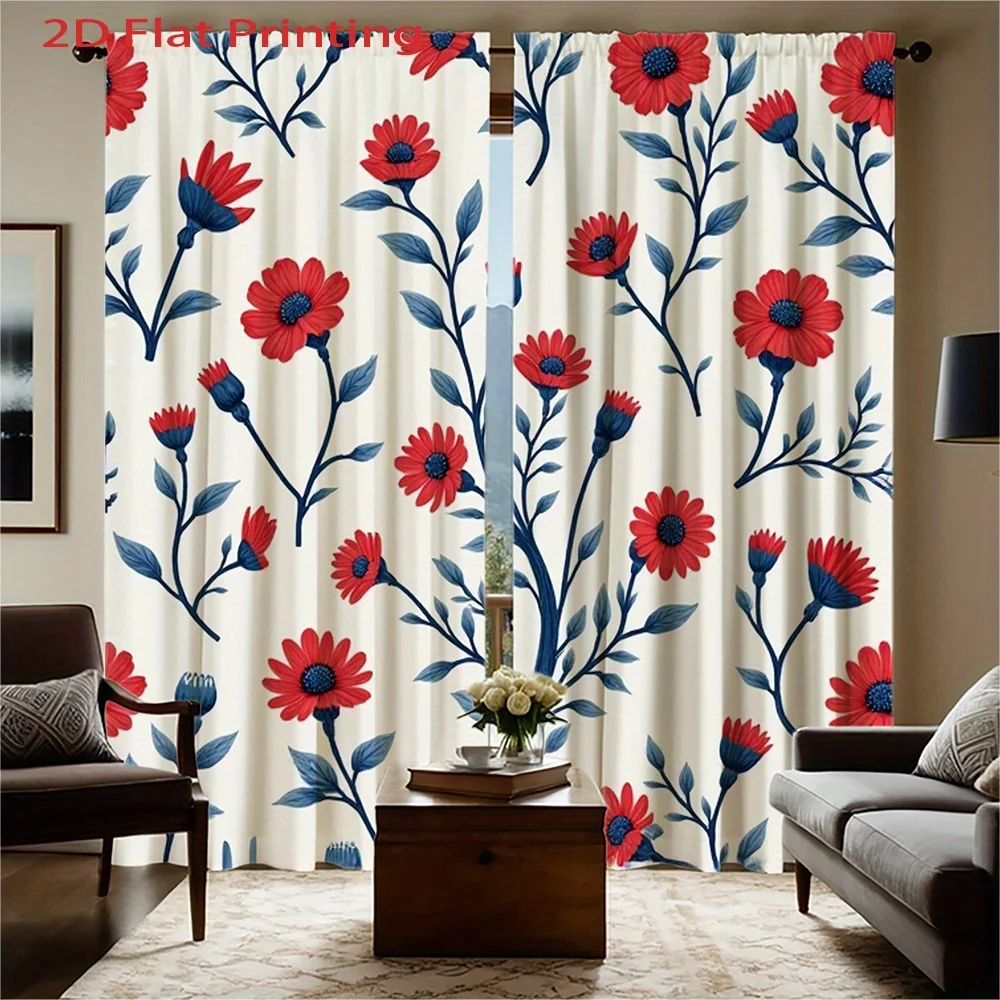 2pc Red and blue floral patterned curtains, made of polyester fabric, machine washable, suitable for bedroom living room décor.