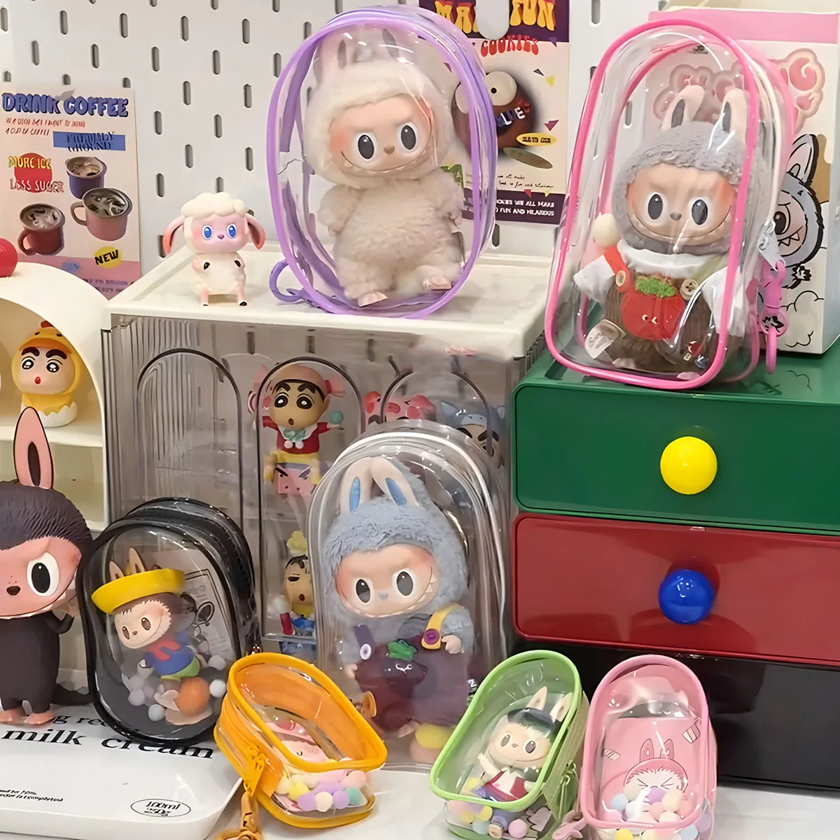 Bolsa para llavero, organización de muñecas, estuche de almacenamiento de juguetes con bola de felpa, bolsa transparente de PVC, caja organizadora misteriosa