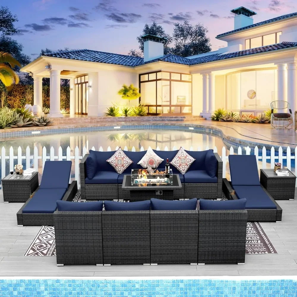 Wicker Patio Furniture Set Sectional High Back Large Size Sofa Sets with Propane Fire Pit Table 55000 BTU Balcony Rattan Lounge