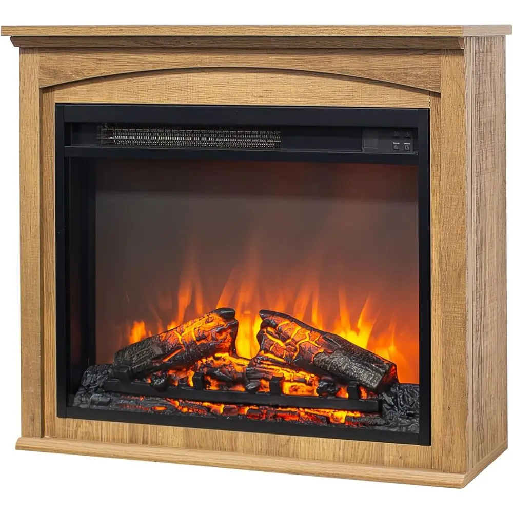 28 Freestanding Electric Fireplace with Mantel, Realistic Flame and Logs, Remote Control, Timer, Adjustable Brightness, 1400W