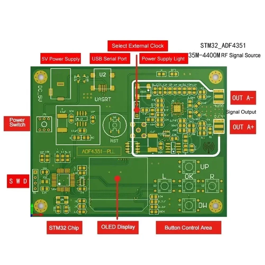 1szt Generator sygnału Złącze kabla danych 35MHz-4400MHz Generator sygnału RF ADF4351 Generator częstotliwości zamiatania PLL + OLED