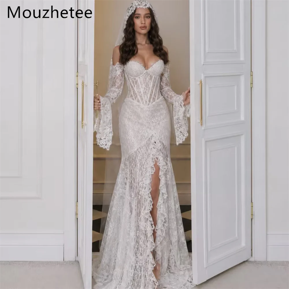 

Mouzhetee Mermaid Elegant Off The Shoulder Lace Side Split Wedding Dresses Simple Long Sleeve Pleat Brides Gown Custom Made 2026