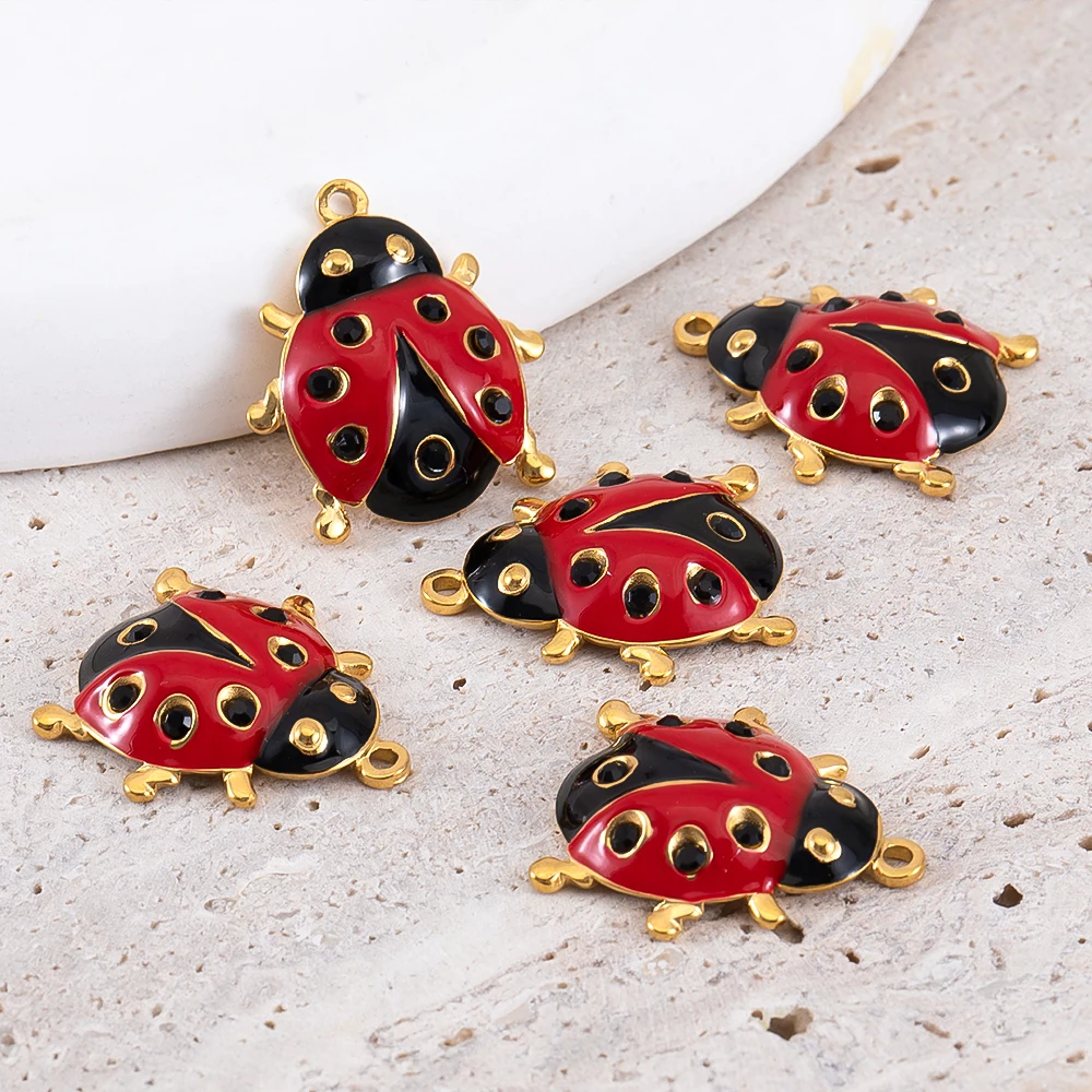2Pcs Animal Red Ladybug Stainless Steel Charms Gold Plated Enamel Insect Pendant Jewelry Making DIY Necklaces Earrings Supplies