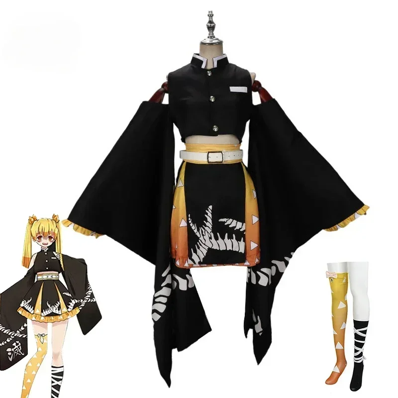 Agatsuma Zenitsu Costume Wig Women Lolita Dress Anime Demon Slayer Kimetsu No Yaiba Cosplay Kimono Yukata Outfits Carnival Suit