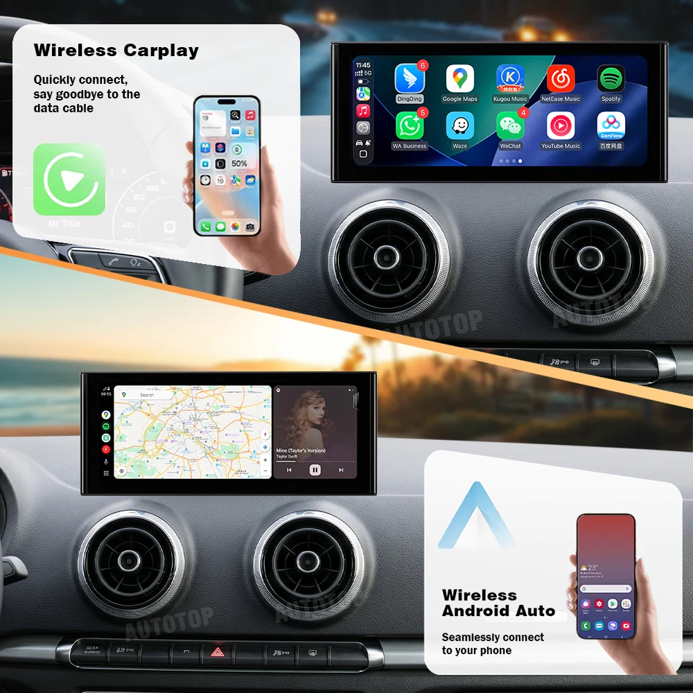 AUTOTOP Display multimediale intelligente per auto da 10,25/12,3 pollici per Audi A3 8V A3 S3 2012-2020, CarPlay wireless, Android Auto, HiCar, Siri, controllo vocale Google, mantenimento del sistema