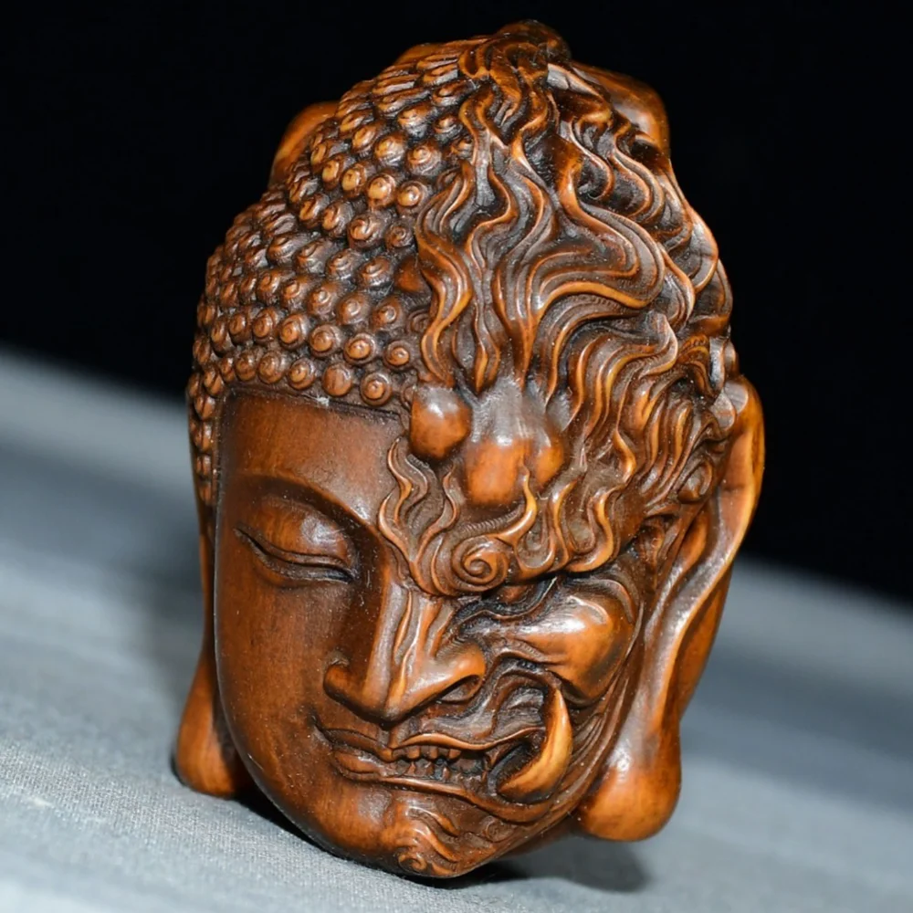 Hand Carved Boxwood Buddha Demon Head Figurine Statue Wooden One Side Buddha One Side Devil Sculpture Oriental Decor Craft Gift