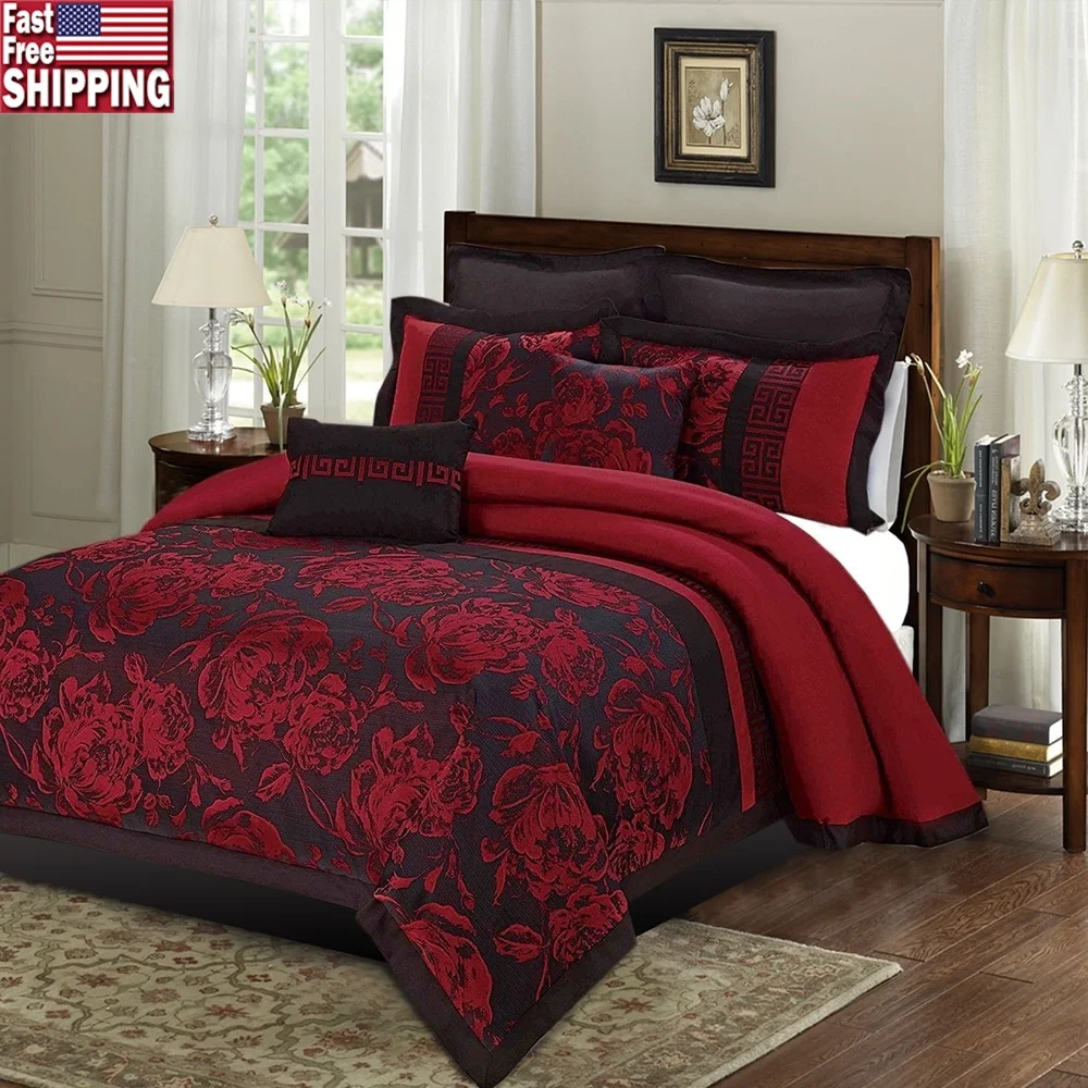 

8 Piece Jacquard Floral Queen Bed in a Bag Burgundy Comforter Set Hypoallergenic Down Alternative Bedding Gift All Seasons