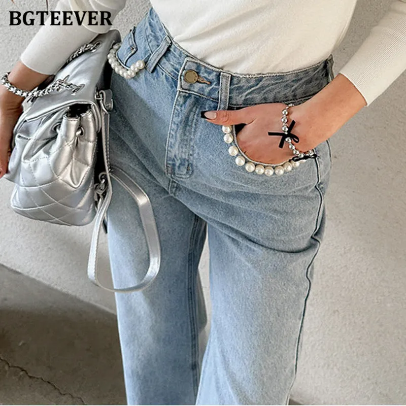 BGTEEVER Casual High Waist Pearl Jeans for Women Spring Summer Loose Button Female Denim Pants