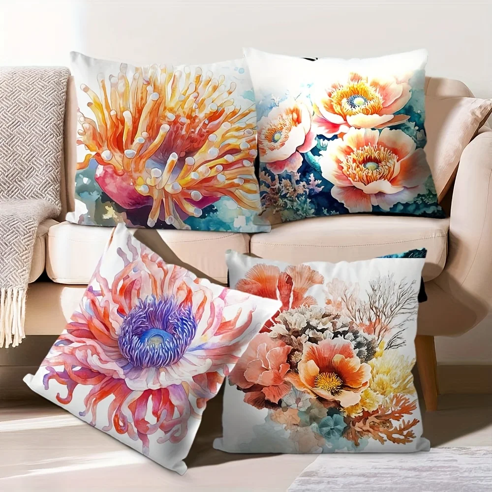 

4 шт. ярких плюшевых покрывал с цветочным узором, односторонняя печать, короткий ворс, подходят для гостиных, спален, диванов (без наполнителей для подушек)