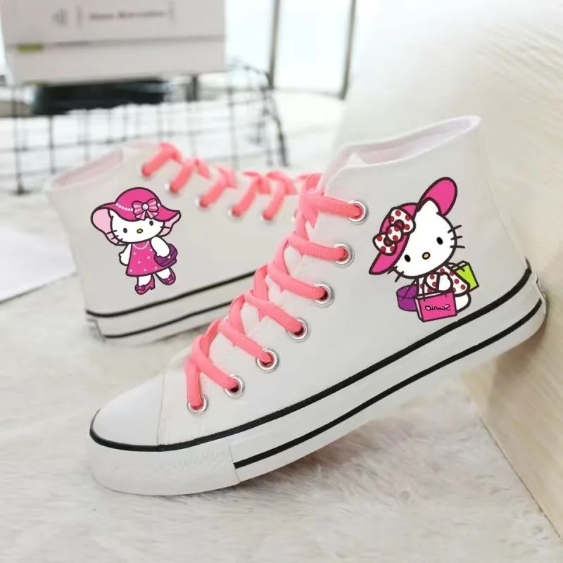 Hello Kitty White Printed High Top Unisex Sneakers Couple Small White Shoes Student Hand Painted Graffiti Canvas Shoes Zapatos