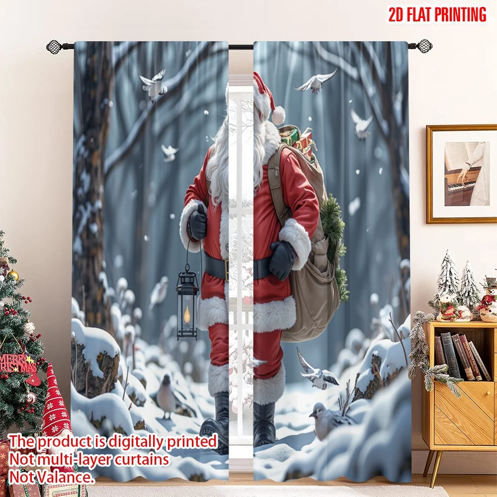 

2pcs 2D flat printing Christmas Curtains Santa Claus winter forest lantern birds Polyester Without Electricity Spring Use for
