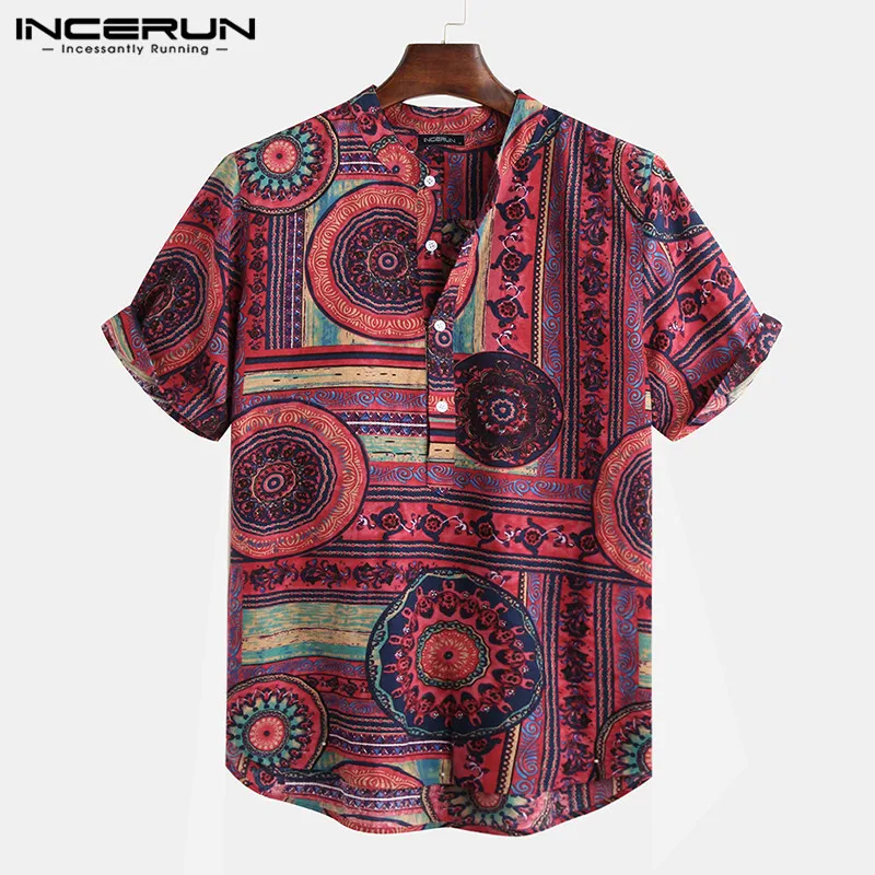 INCERUN-camisa informal con estampado Vintage para hombre, ropa de calle de manga corta con cuello levantado, S-5XL de ocio, vacaciones, 2024