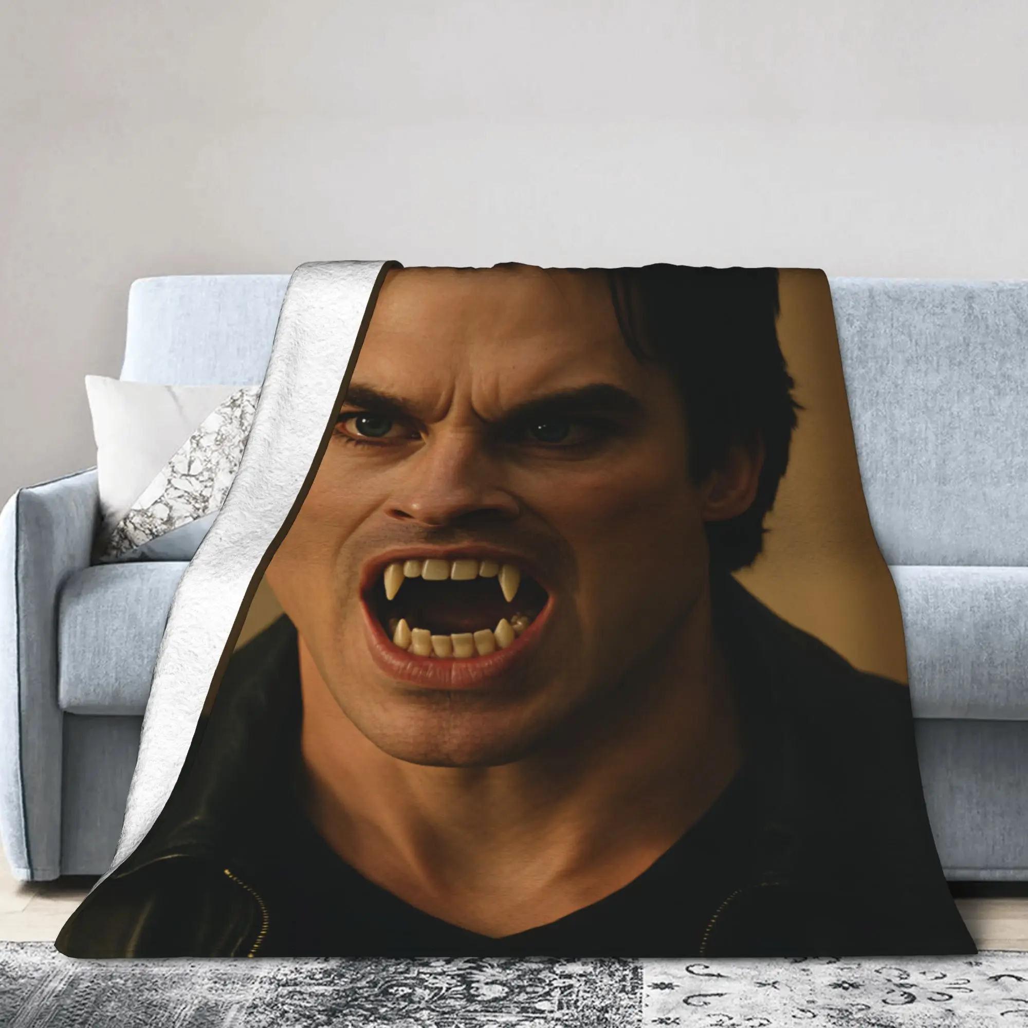 Damon Salvatore Vampire Fangs Rage Blanket Picnic Flannel Throw Blanket For Outdoor Super Soft Design Bedspread Birthday Gift
