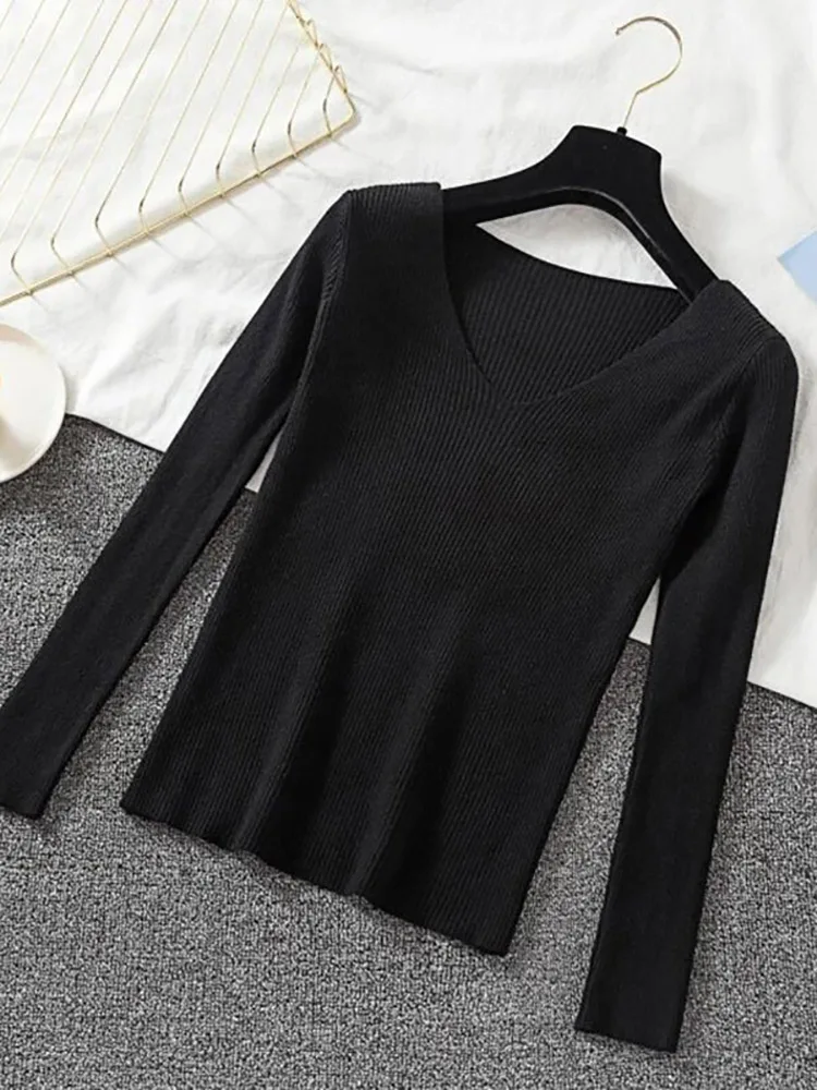 2024 New Women Sweater Autumn Winter Long Sleeve Pullover Basic Top Fashion V-neck Elastic Female Winter Solid Knitted Jumper