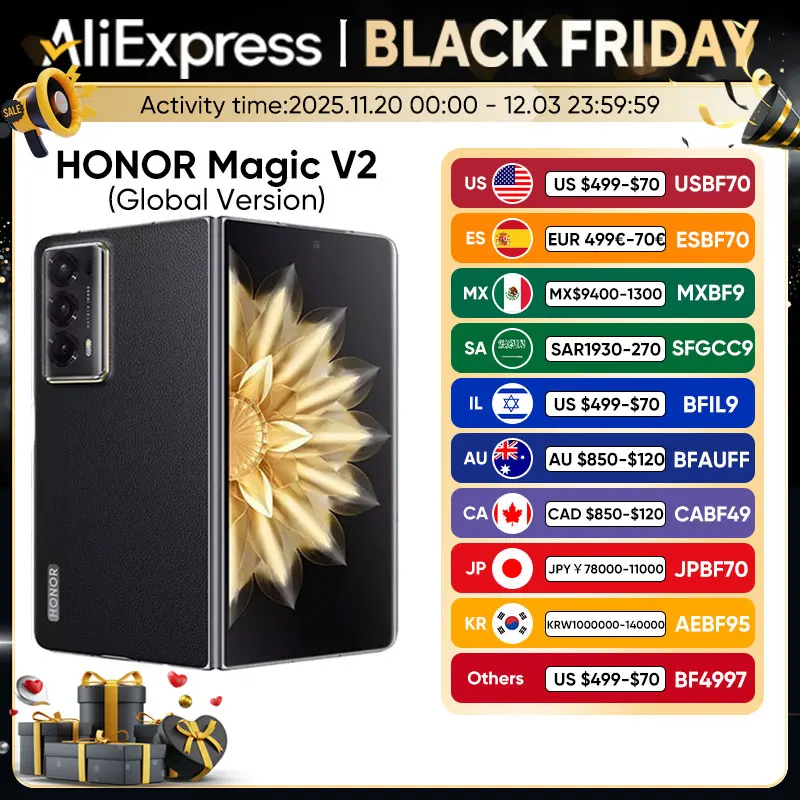 هاتف ذكي HONOR Magic V2 الإصدار العالمي 5G بشاشة 7.92 بوصة شاشة OLED قابلة للطي 120 هرتز 50 ميجابكسل كاميرات خلفية سنابدراجون 8 Gen 2 5000mAh 66 وات