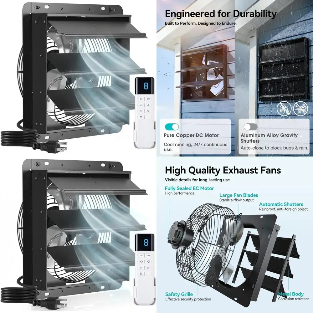 

12-Inch Shutter Exhaust Fan with Remote, 8-Speeds, 25W, 1200 CFM, 8-Hour Timer, Ideal for Garages, Greenhouses, Attics, and Chic