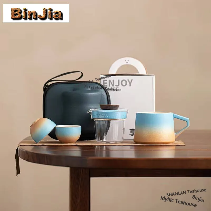 

Portable Tea Coffee Travel Camping Tea Set Kit Vintage 1 Pot 3 Cups Household Tea Making Outdoor Tea Set Organizer Bag Ornaments