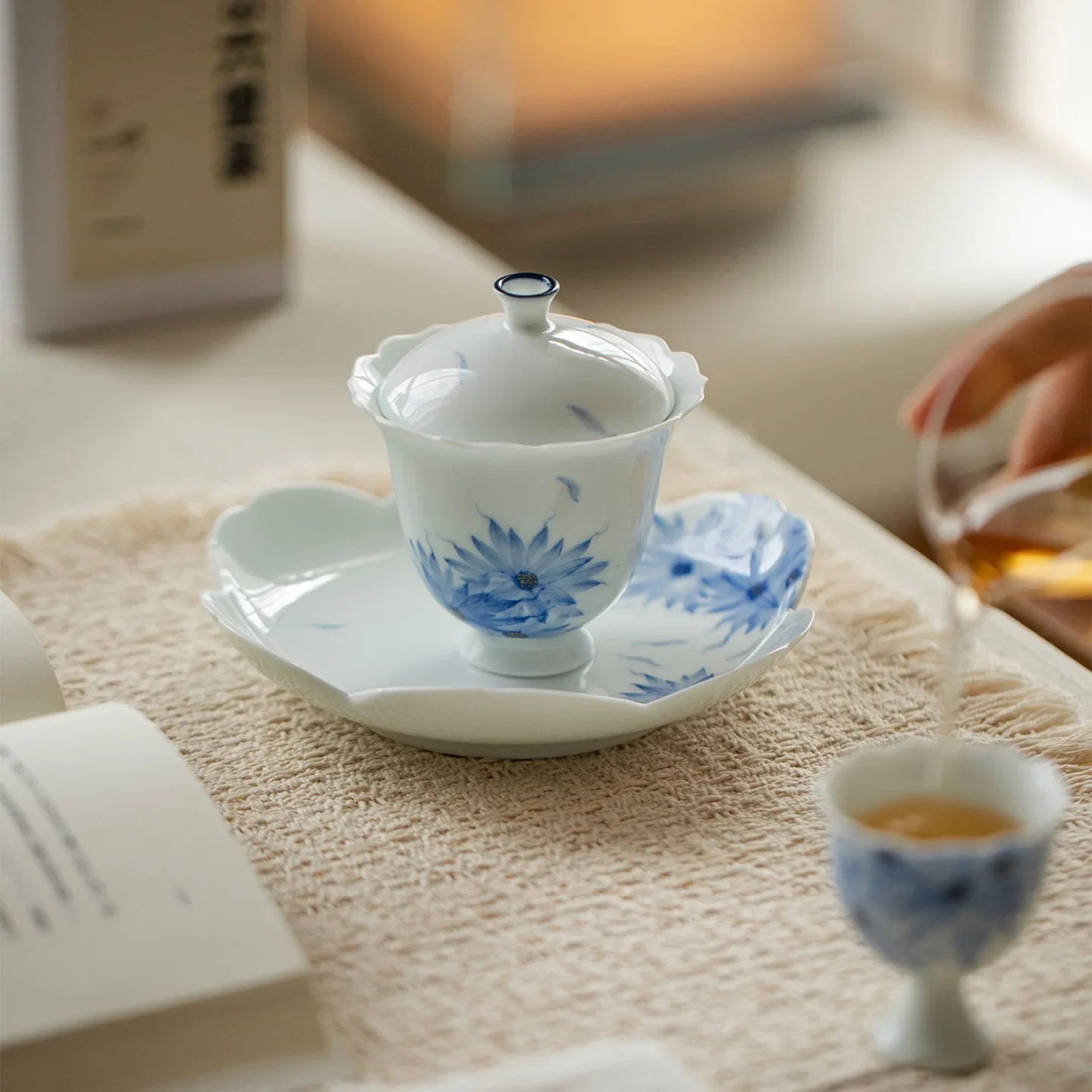Guofeng Hand-painted Jade Mud Sunflower Heart Yang Muqing Flower Tea Set Collection Household Kung Fu Teapot Cover Bowl Teacup