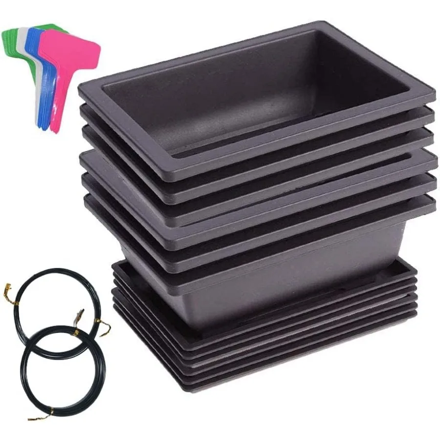

6 Packs Bonsai Training Pots with Trays 6.3 Inch Nursery Pots with Drainage Plastic Bonsai Come with 15pcs Plant Labels Rectang