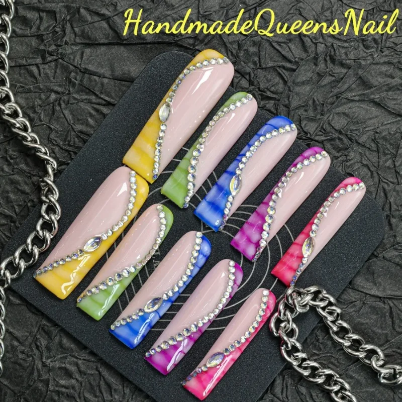 

10 Pieces of Handmade Press-on Nails Rainbow Color Long Ballet Type Full Coverage Detachable Nail Art Set Girl Gift First Choice