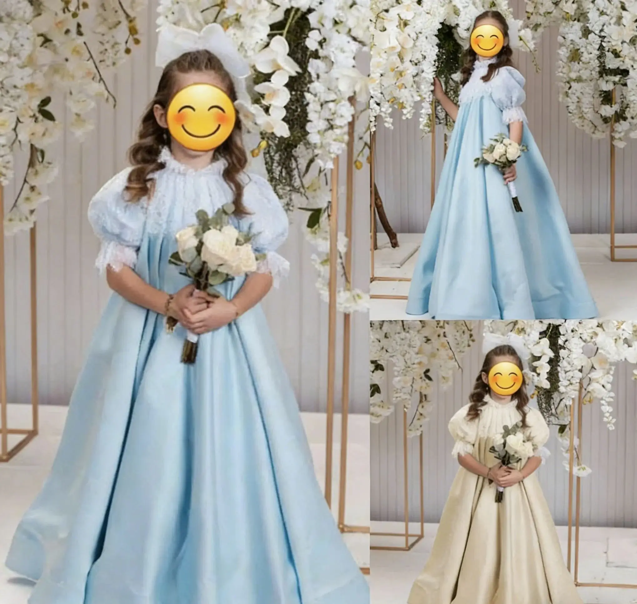 Elegant Satin Baptism Communion Gown Flower Girl Dress Puff Sleeve Lace Floor Lenght Princess Birthday Party Evening Gown