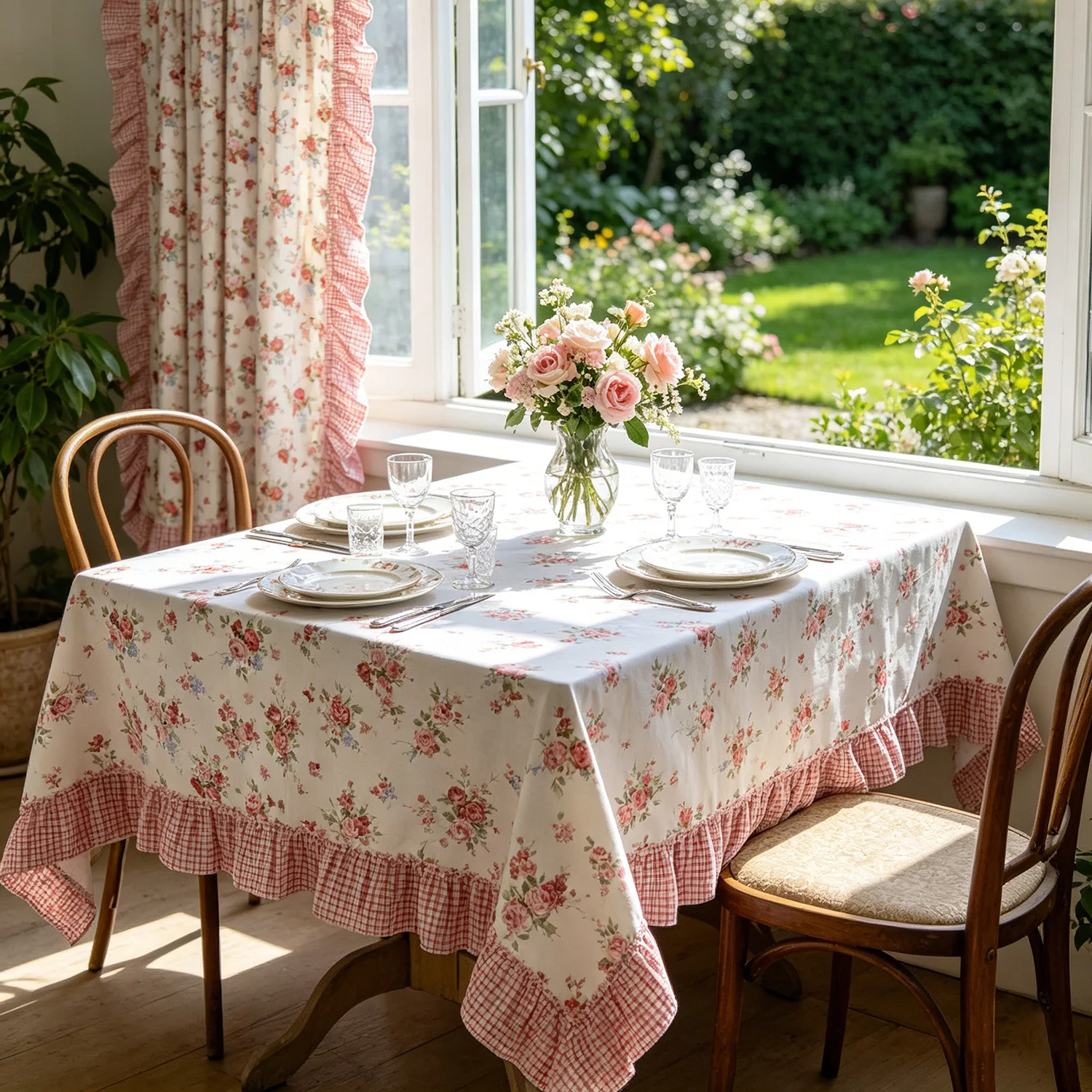 Pink Vintage Farmhouse Floral Tablecloth with Gingham Ruffle Hem, Rectangular Table Cover for Kitchen Dining Table Cover