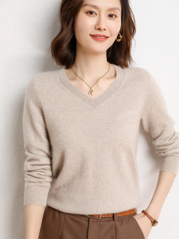Básico 100% puro cashmere malhas pulôver camisola outono inverno com decote em v das mulheres de manga comprida topos grosso base quente roupas macias