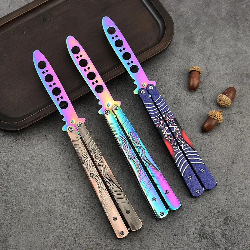 

Butterfly Knife Trainer Stainless Steel Spider Print Novice Portable Folding Balisong Knife Practice Hand Tool CSGO Uncut Blade