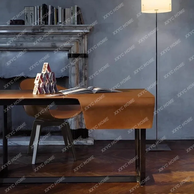 

NNNordic Saddle Leather Desk Italian Minimalist Solid Wood Writing Desk Office Computer Desk