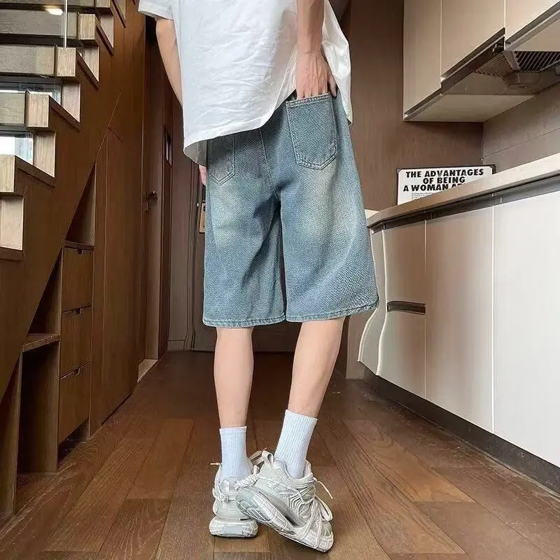 巾着ハーフマンデニムショーツだぶだぶストレートショートジーンズパンツ男性のための夏のストレッチトレンド 2025 韓国ファッション Xl ストリート