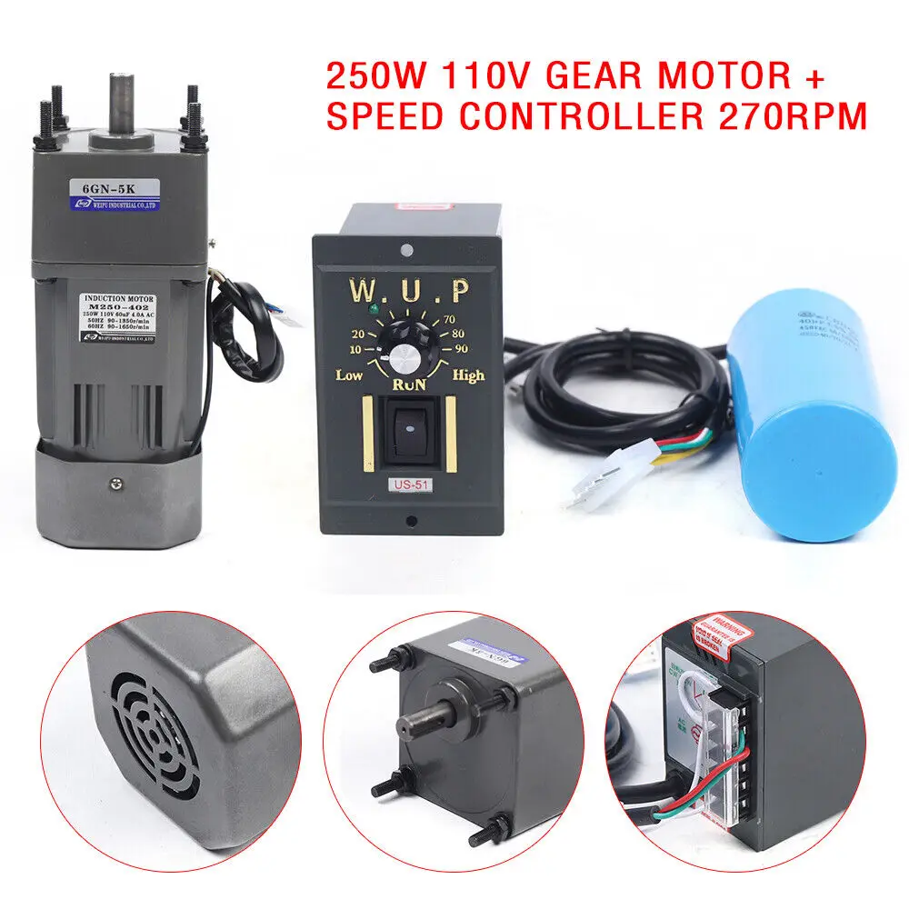 AC 110V 250W Gear Motor Electric Variable Speed Reduction Controller 1:5 270 RPM