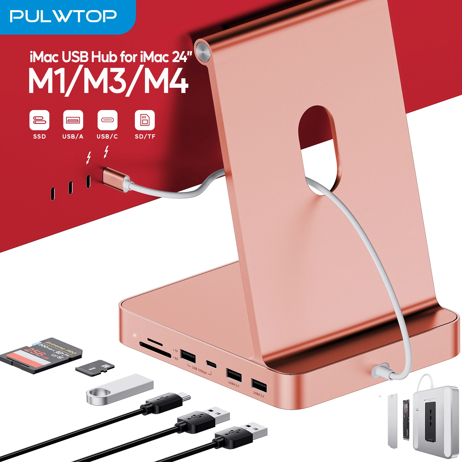 PULWTOP USB C HUB voor iMac 24 inch 2021/2023/2024, iMac Hub met USB C/A 10Gbps, SD/TF, ondersteuning voor uitbreiding M.2 SSD (NIET inbegrepen)