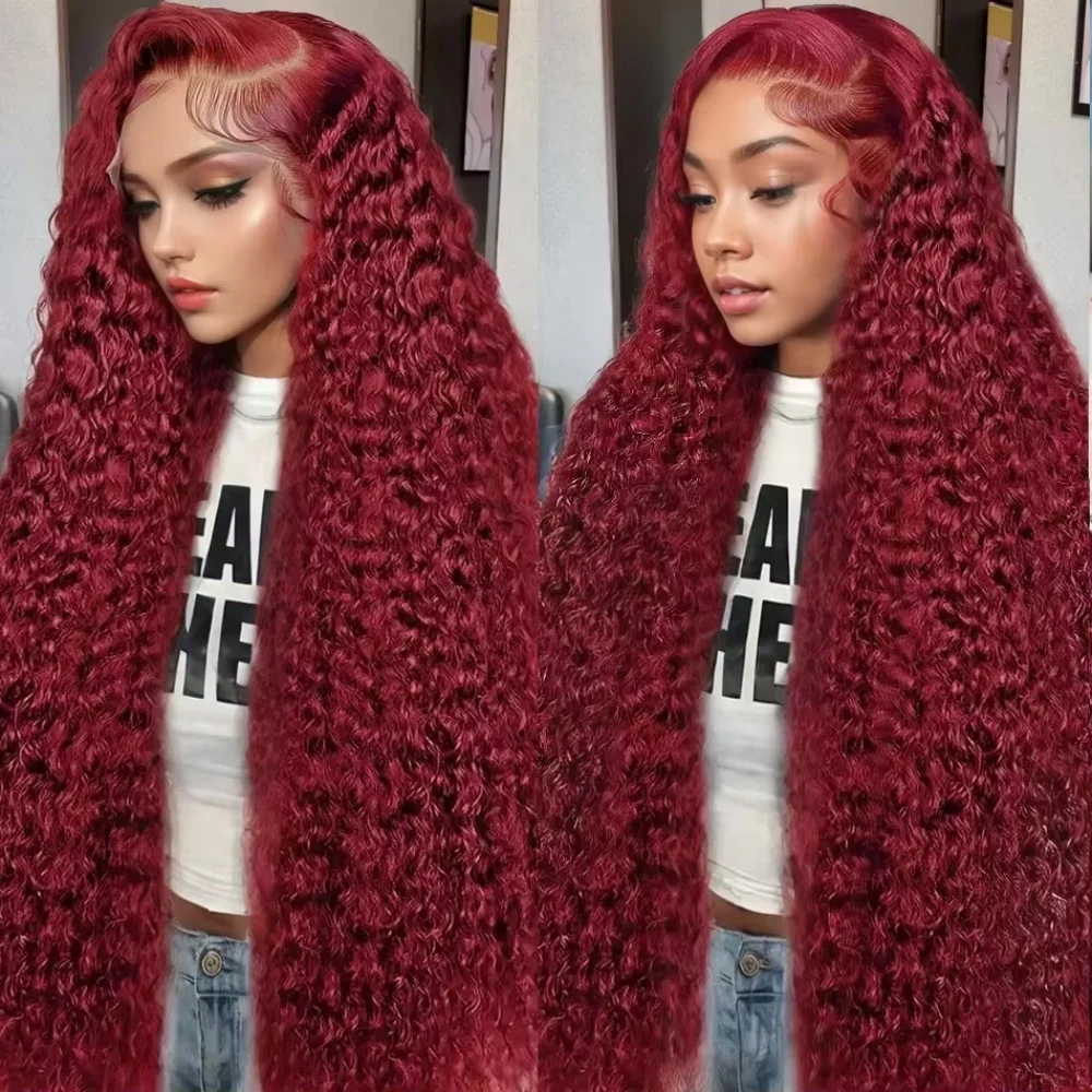

Парик из натуральных волос 200 Density 99J Burgundy Deep Wave, 13x4 13x6, с HD прозрачным кружевом, предварительно выщипанный, густой, длинный, мягкий, шелковистый, с эффектом baby hair