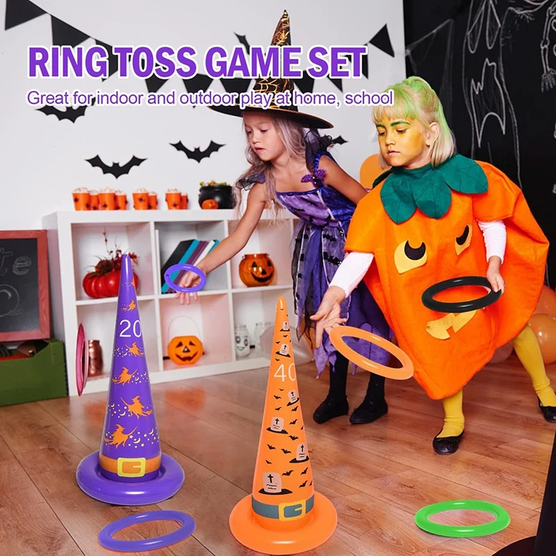 Juego de lanzamiento de anillo de sombrero de bruja inflable de Halloween con 10 anillos de inflado y 1 Bomba, juegos de fiesta de Halloween, juego de lanzamiento de anillo