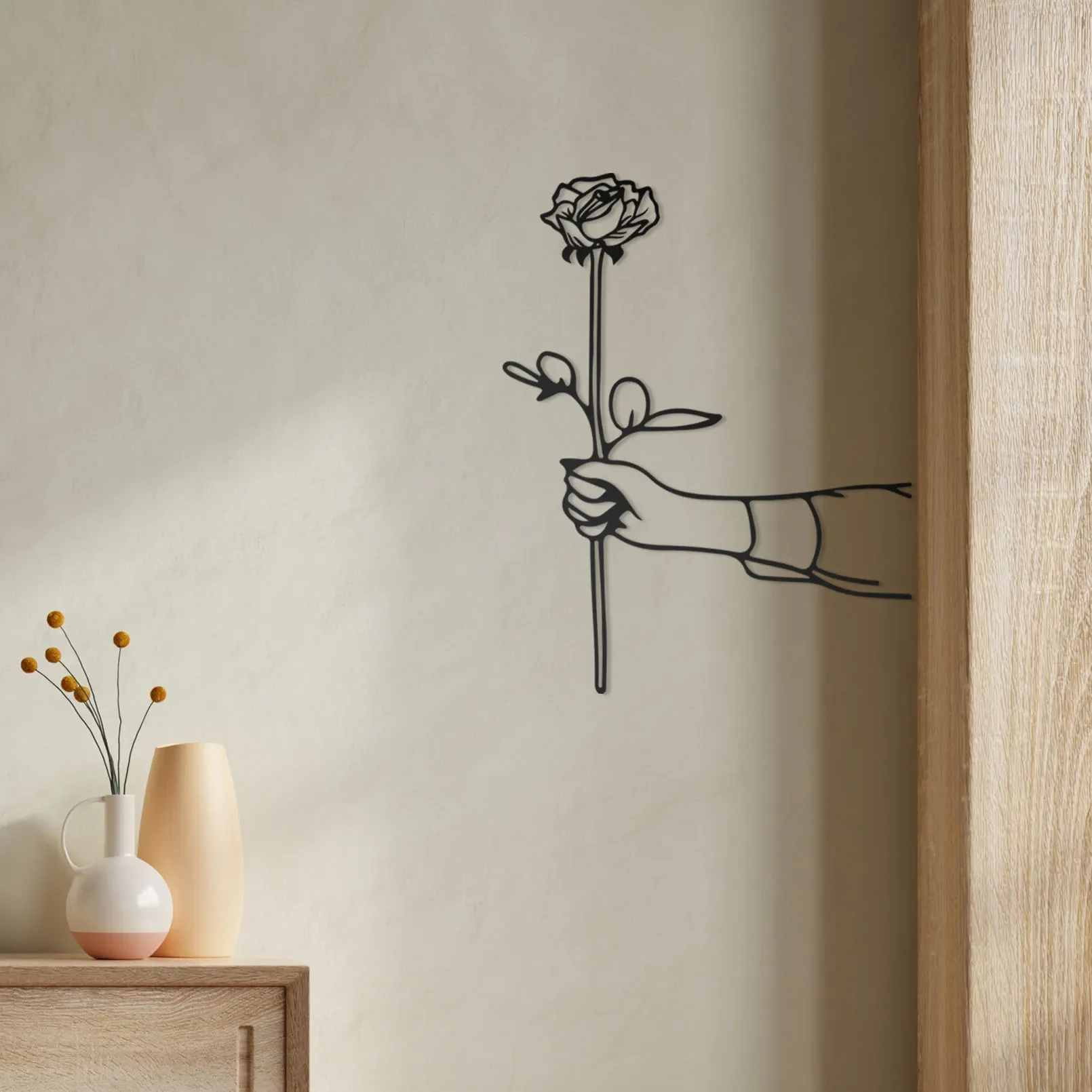 Metal Handheld Rose Black Home Decor, Minimalist Line Drawing Wall Pendant, Creative Quirky Art Wall Sculpture, Kitchen Bathroom
