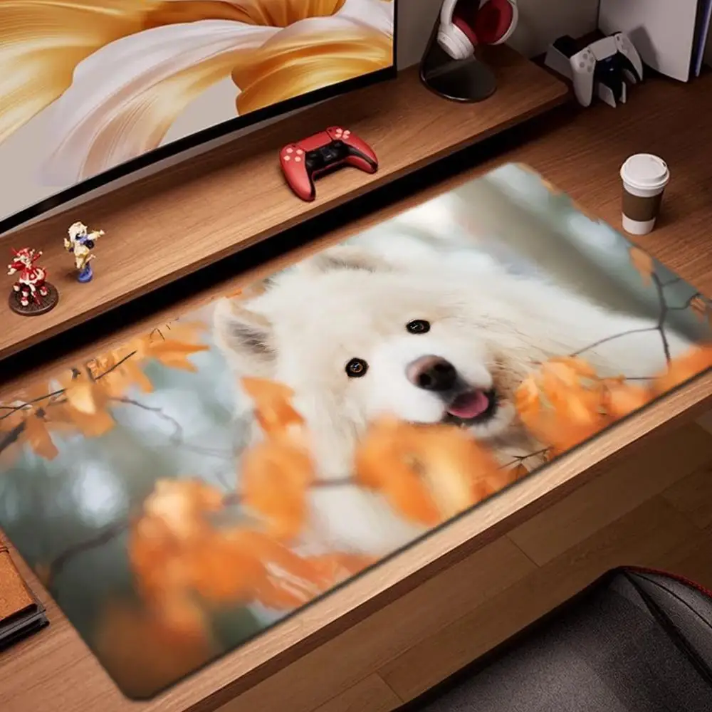

White samoyed Mouse Pad Game Accessories keyboard pad XXL large locking edge 900X400 mm table mat Gaming mousepad