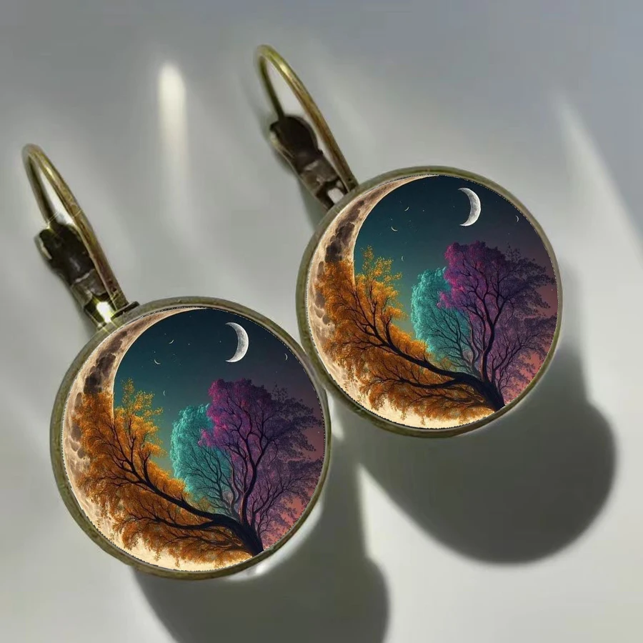 Dream Moon Tree Earrings Hot Selling Colorful Moon Picture Glass Convex Round Earrings for Women\'s Birthday Gifts Jewelry